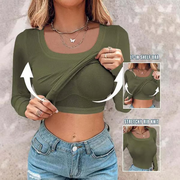 🔥Buy 1 Get 1 Free🔥Neck Built-in Bra Long Sleeve Ribbed Top Shirts Elegant Skinny Fit Fabric💥